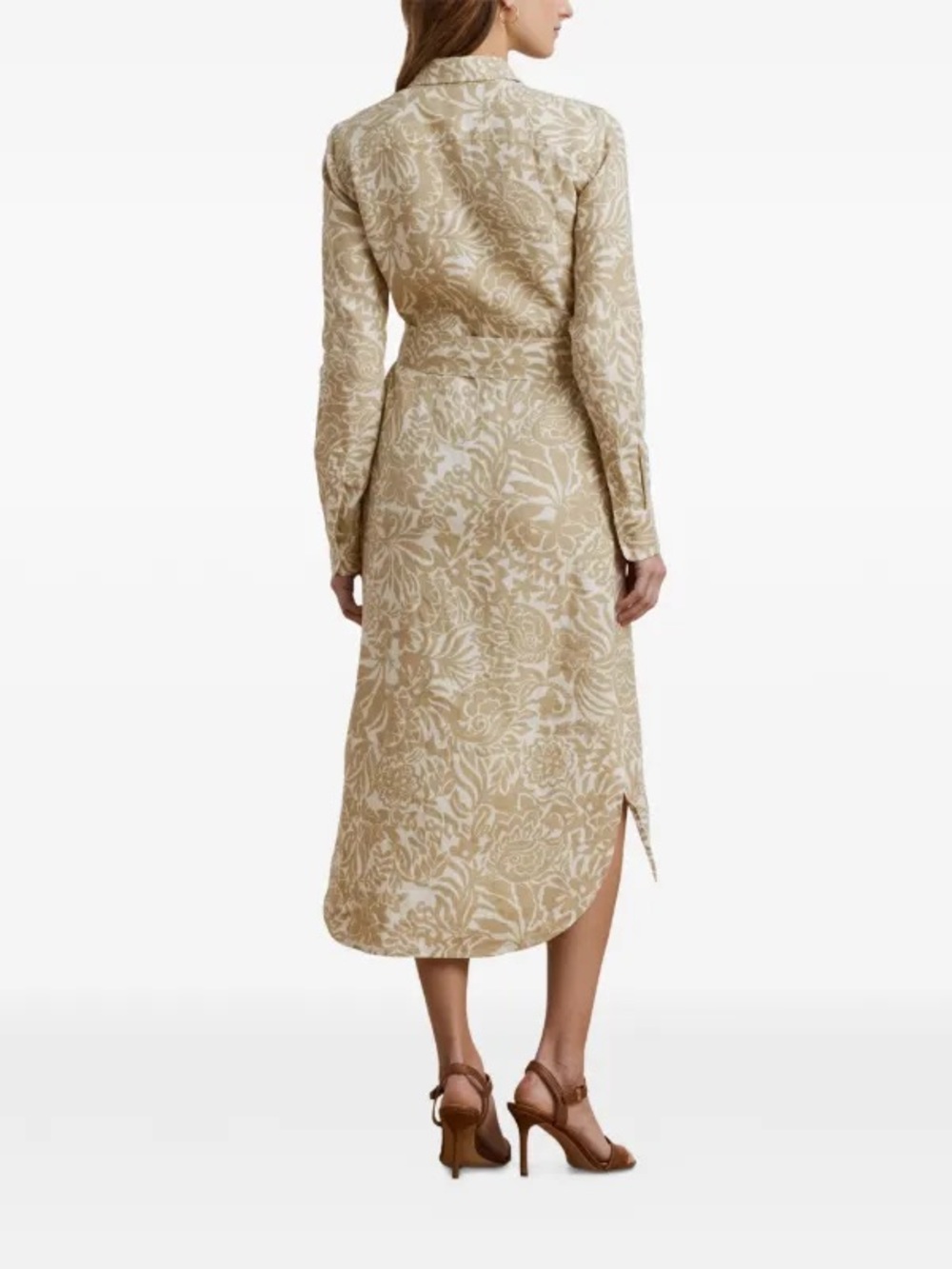 100% Linen Lauren Ralph Lauren Beige Floral Button-Front Shirt Dress Size 8 - Picture 3 of 11
